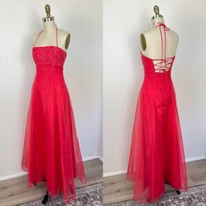 Vintage 90s Y2K Floral Beaded Embroidered‎ A Line Gown Dress 3 4 Fairy 2000s